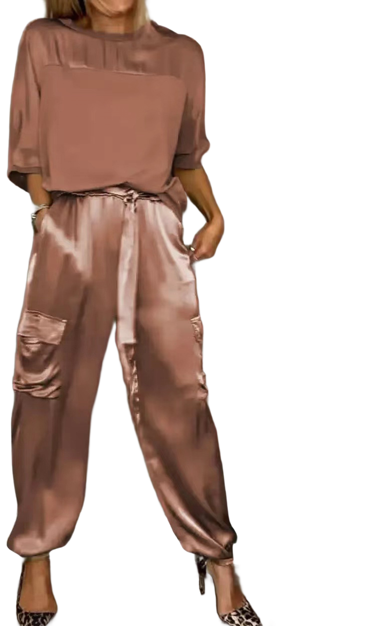 Noir NW IN-C12 satin two-piece set, brown, on white
