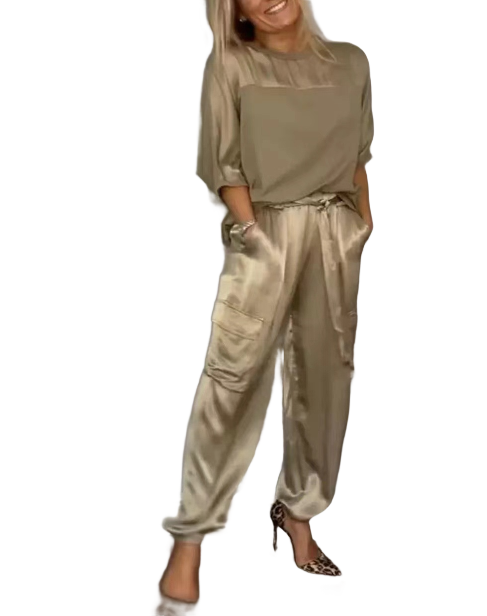 Noir NW IN-C12 satin two-piece set, gold, on white