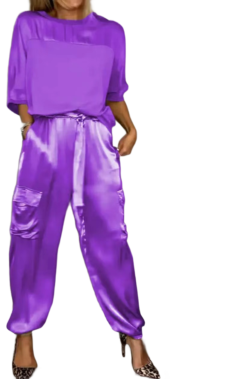 Noir NW IN-C12 satin two-piece set, purple, on white