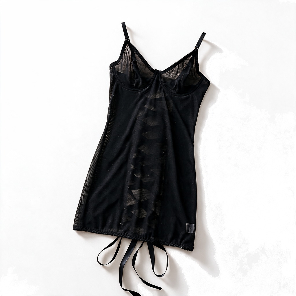 Ivoire NW IN-C33 sheer lace bodysuit, black, on white