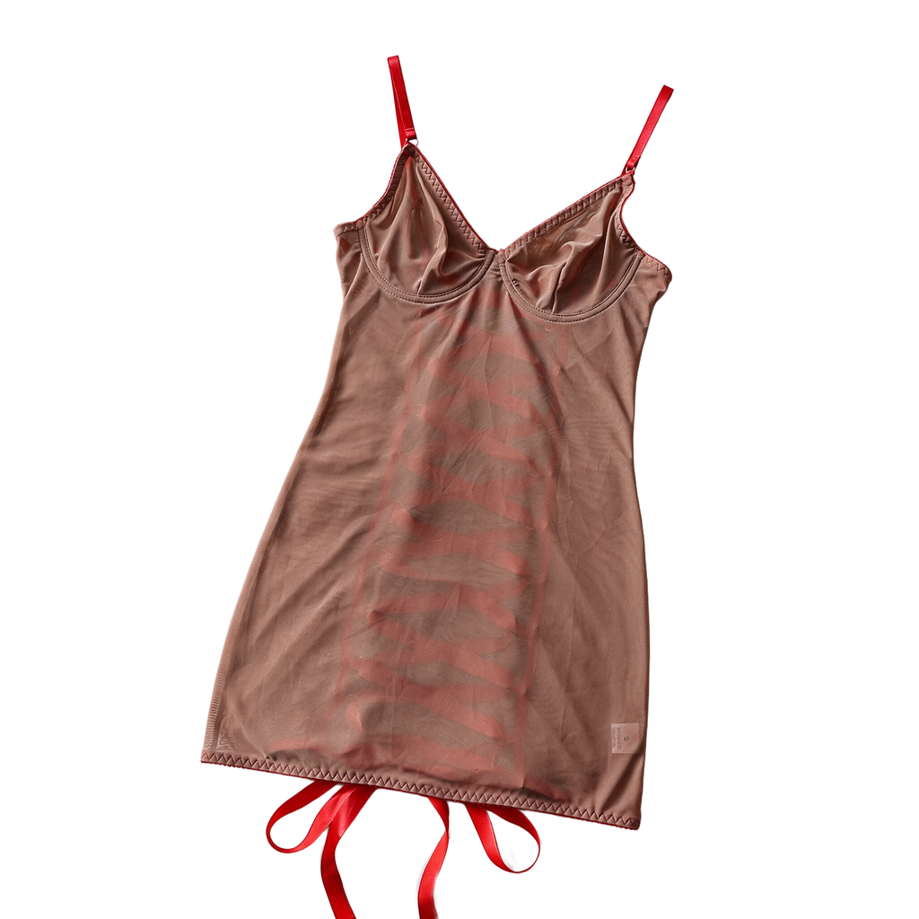 Ivoire NW IN-C33 sheer lace bodysuit, tan, on white